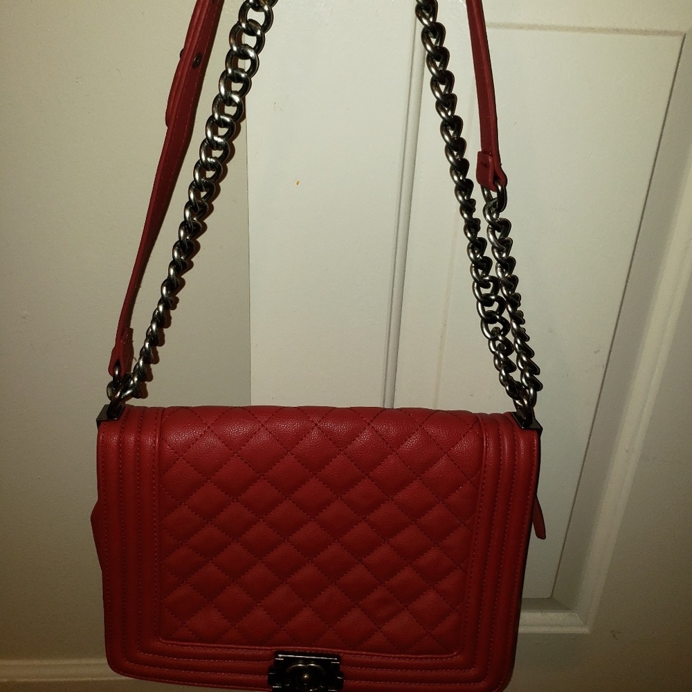 Red quilted handbag